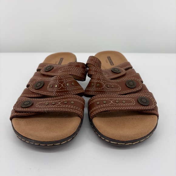 Clarks Collection Leisa Cacti Brown Leather Strap Sandals Slides Womens 7.5 - Picture 3 of 10